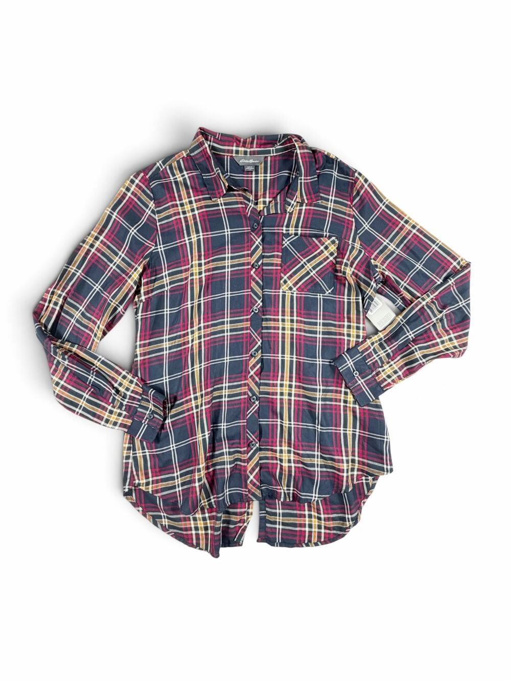 NEW Eddie Bauer Women’s Plaid Button Down Shirt Blue Nights Large